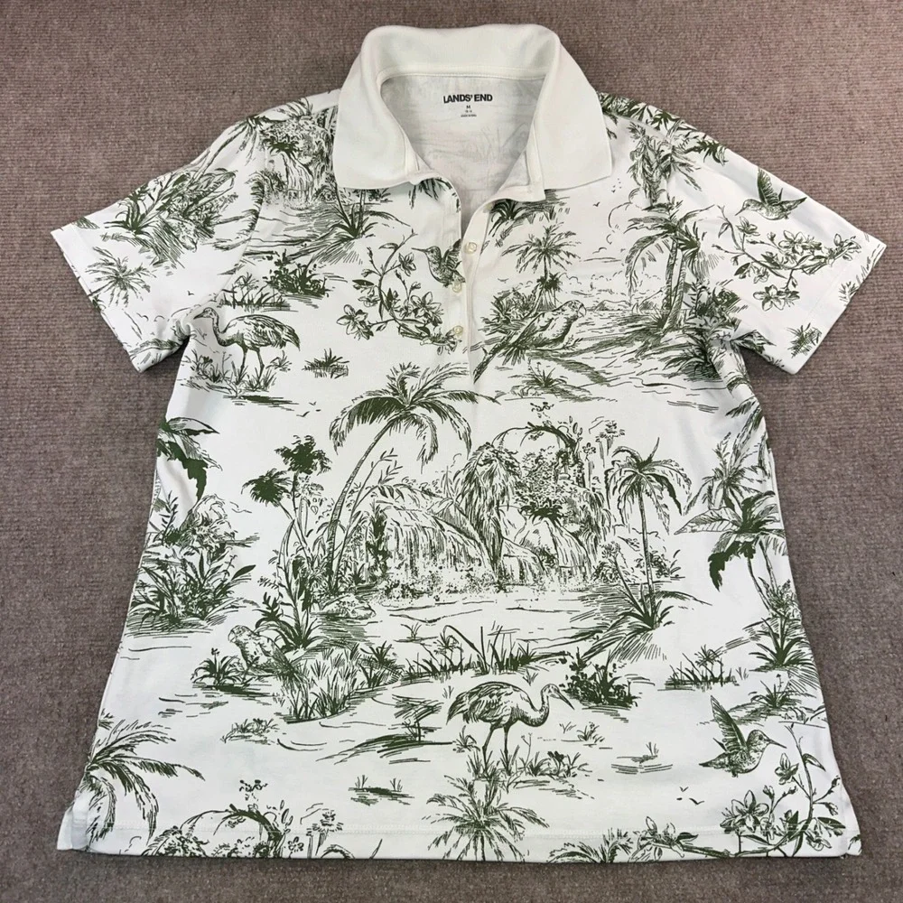 Lands End Womens Green White Tropical Toile Polo Shirt M 10-12 Palm Bird Cotton